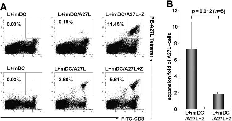 Fig. 7. Enhancement of tumor antigenspecific CD8 T cells by imdcs copulsed with A27L peptide and zoledronate was higher than that by mdcs copulsed with A27L peptide and zoledronate.