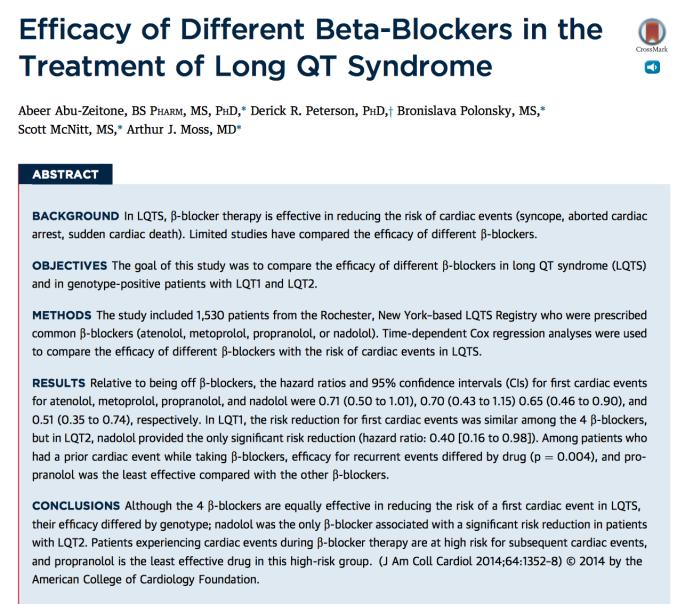 Not All Beta-Blockers Are Equal Atenolol, Nadolol, Metoprolol, Propanolol LQT2: Nadolol only BB significant risk-reduction in 1 st
