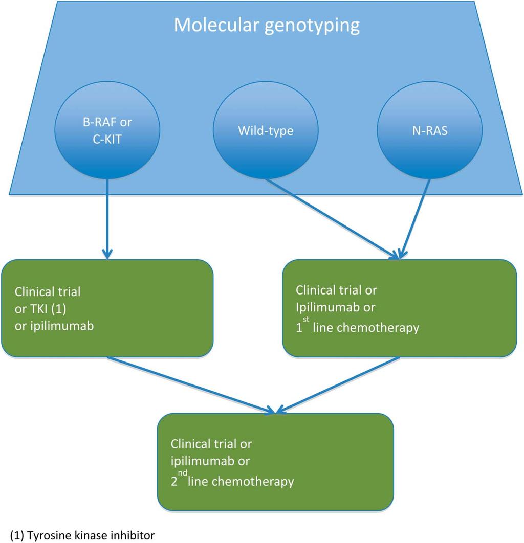 Treatment Algorithms in Melanoma 5 FIGURE 2. A therapeutic algorithm for advanced melanoma. Tumor molecular genotyping determines the options in first-line treatment.