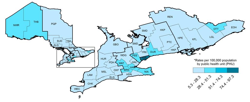 Incidence of gonorrhea by public health unit: Ontario, 2014 Data Sources: Case data: Ontario Ministry of Health and Long-Term Care, integrated Public Health Information System (iphis) database,