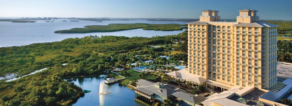 Situated on a semi-private island and beach, with breathtaking views of Estero Bay, The Hyatt Regency Coconut Point boasts three pools, hot tubs, a cold plunge waterfall, resort shops, organized