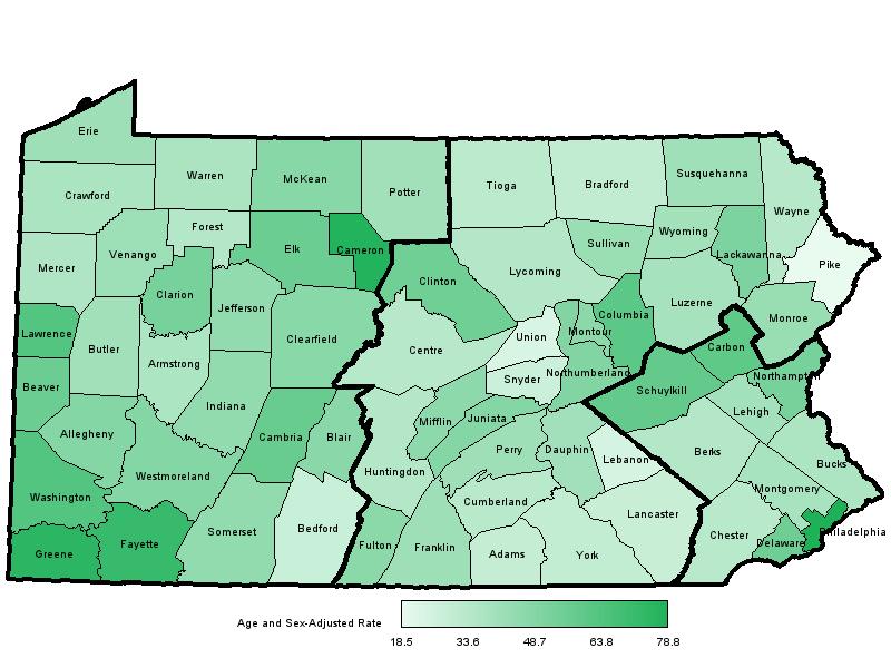 The potentially preventable hospitalization rates among PA counties for Heart Failure ranged from 18.5 to 78.8 per 10,000 county residents (Map 3). The statewide rate was 46.3. Map 3.