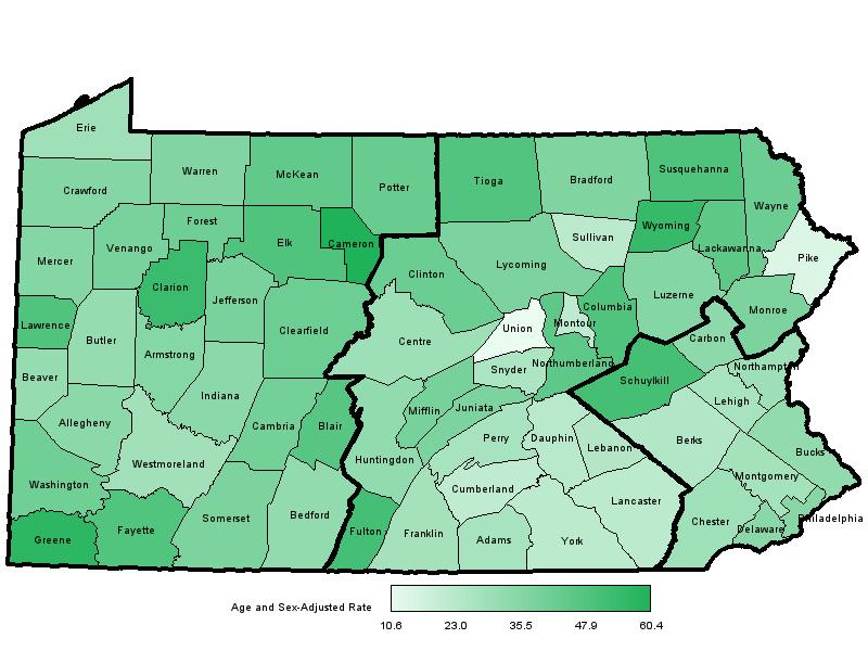 The potentially preventable hospitalization rates among PA counties for Bacterial Pneumonia ranged from 10.6 to 60.4 per 10,000 county residents (Map 4). The statewide rate was 32.5 per 10,000. Map 4.