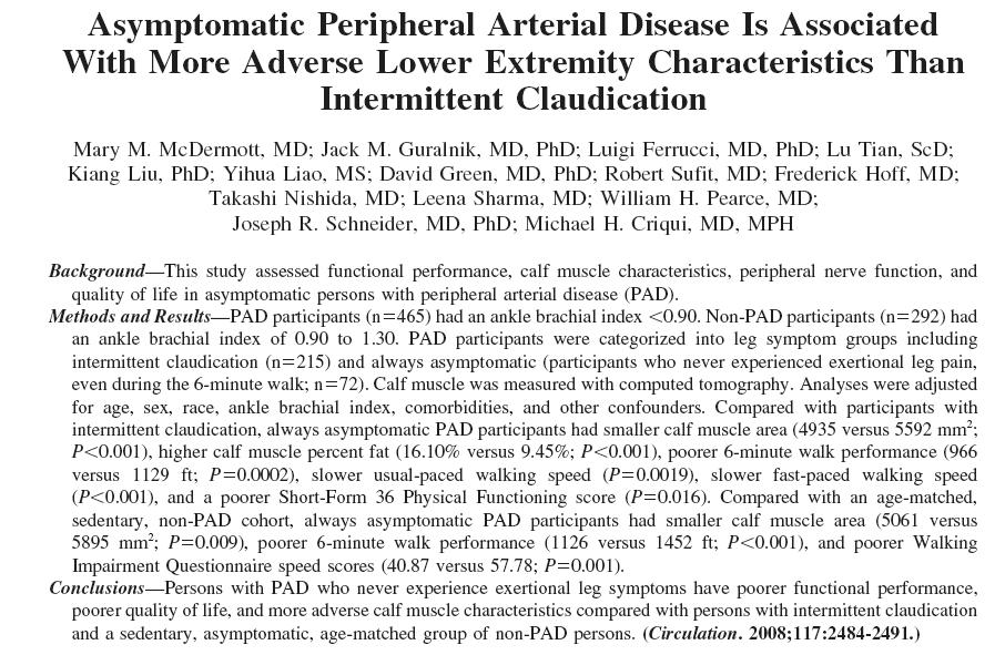 PAD Asymptomatic patients have poorer functional