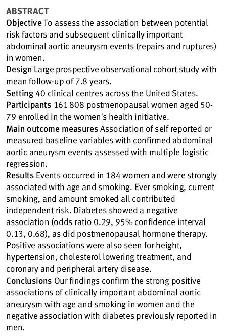 Aorta In women: Rate of events 184/161808 Smoking, age, vascular disease, Chol lowering Rx are RF for