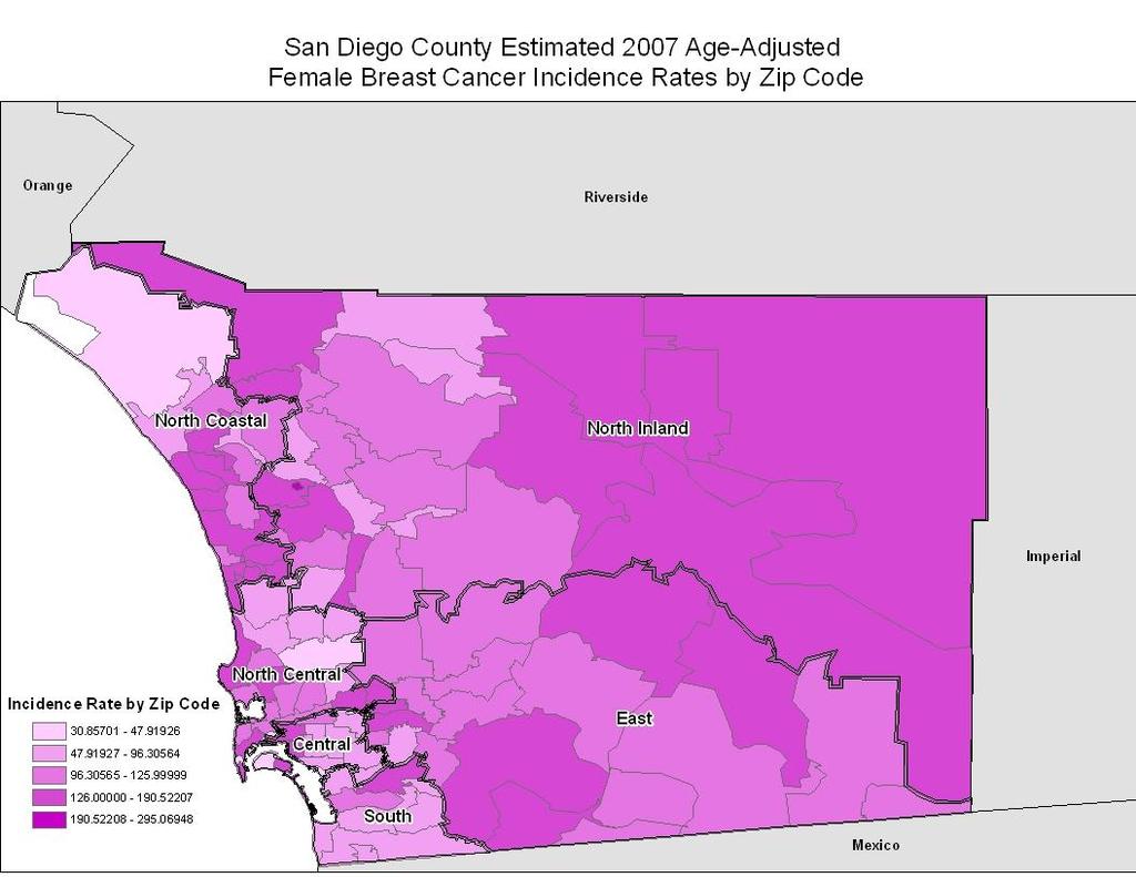 Exhibit 6: San Diego Incidence Rates by Zip Code San Marcos: 92096 and 92078 Borrego Springs: 92004 Rancho Santa Fe: 91091 San Diego: 92155 Source: Susan G.