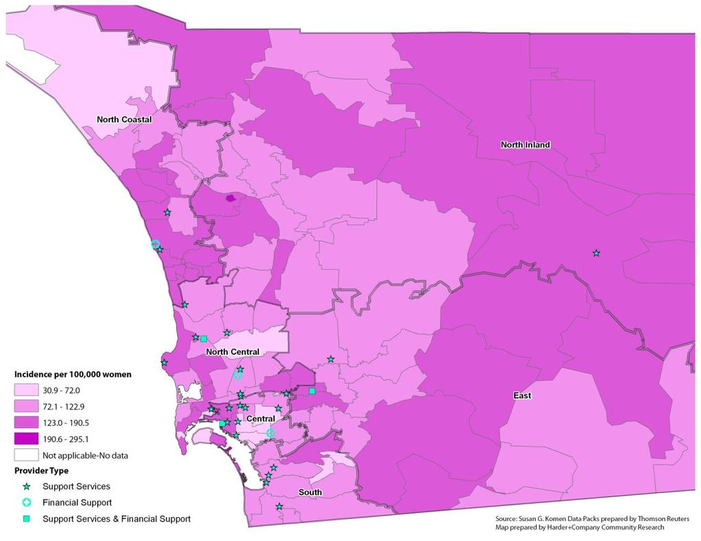 Exhibit 21 shows support and financial services available to breast cancer survivors. The majority of providers are based in Central, North Central, and South.