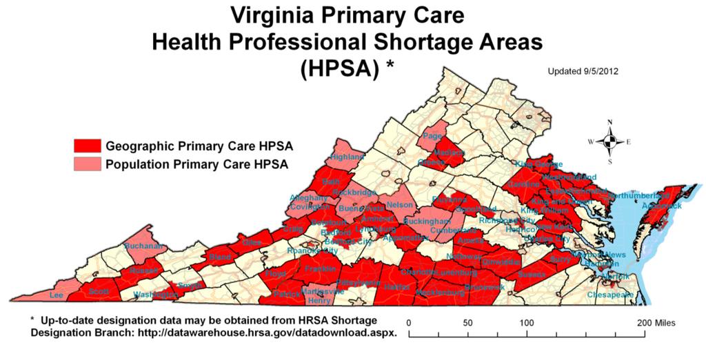 In order to determine the Primary Care Health Professional Shortage Areas (HPSA) in Virginia, a map (Figure 2.