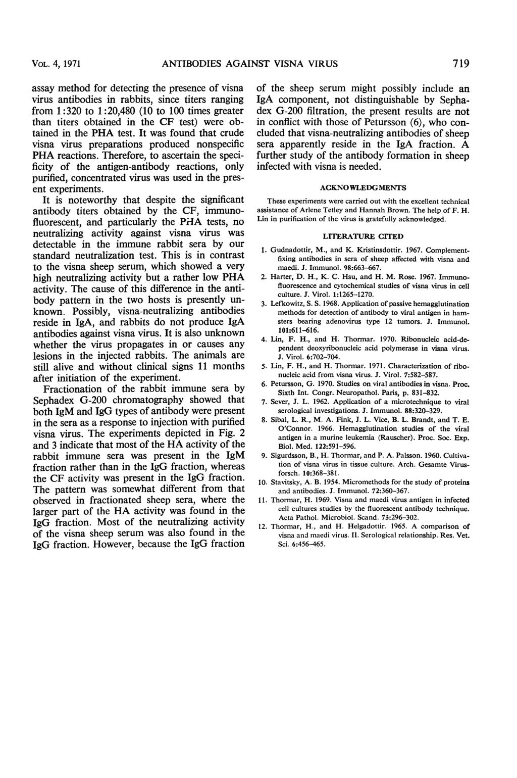 VOL. 4, 1971 ANTIBODIES AGAINST VISNA VIRUS 719 assay method for detecting the presence of visna virus antibodies in rabbits, since titers ranging from 1:32 to 1:2,48 (1 to 1 times greater than