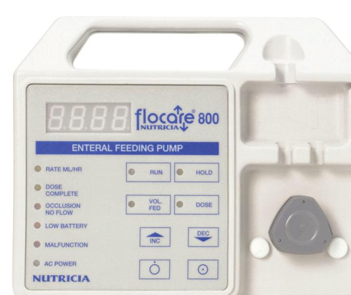 FLOCARE 800 PUMP Rotary peristaltic pump, designed for controlling the delivery rate of enteral feeds into the gastrointestinal tract Clear LED display, illuminating whenever pump is switched on Flow