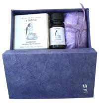 YOGINI JASMINE SOAP & OIL GIFT BOX This gift box contains Yogini Jasmine Soap and Body Oil, both filled with rich Ayurvedic herbs plus a scented mustard seed Sachet in a handmade lokta box.