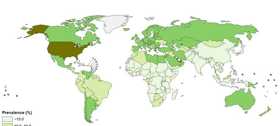 Worldwide Prevalence of Obesity 215 Women, Age 18 Years Men, Age 18 Years BMI 3 kg/m 2 <1.% 1.%-19.9% 2.%-29.