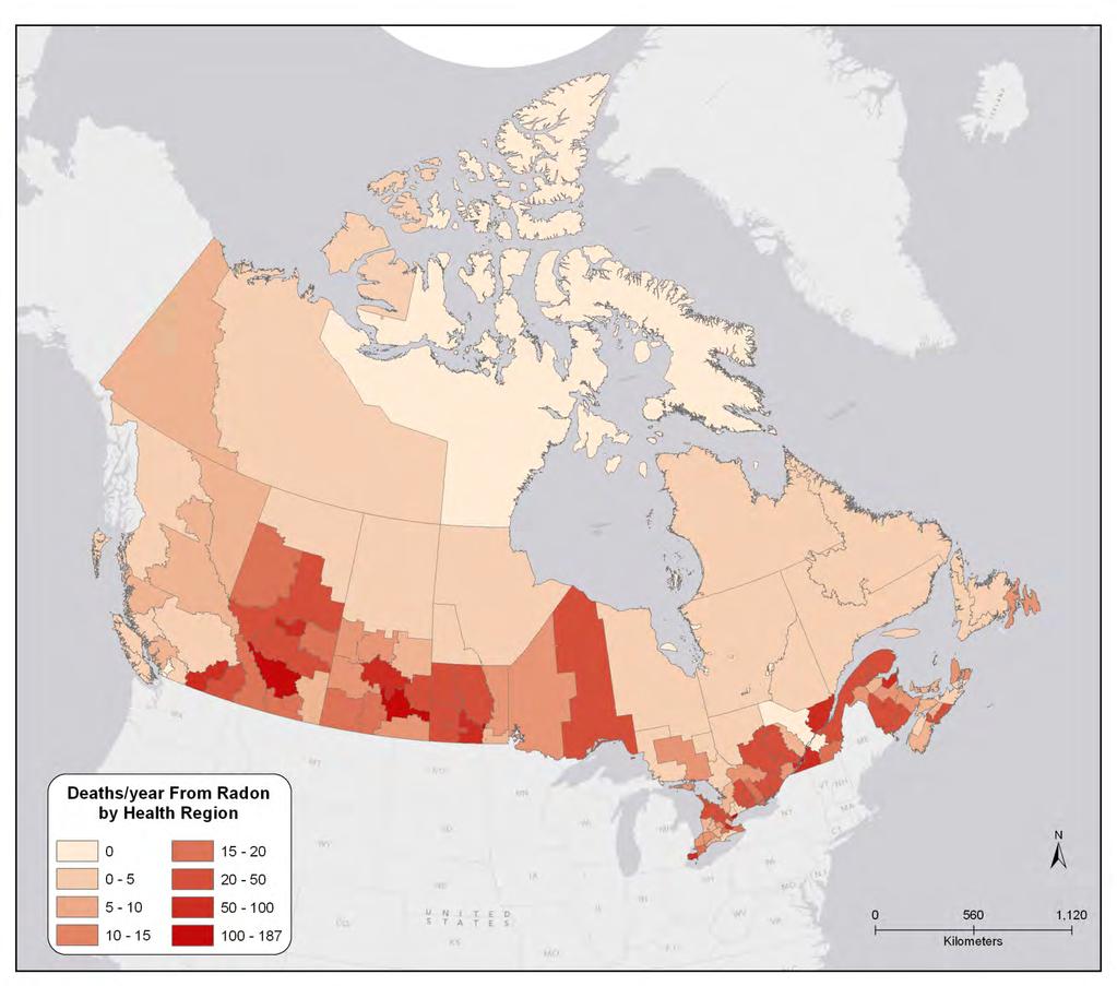 Radon risk- Indoor Air by Health Region It is estimated that 3,300 deaths/year in Canada are due to radon exposures. This corresponds to ~16% of the lung cancer deaths annually in Canada.