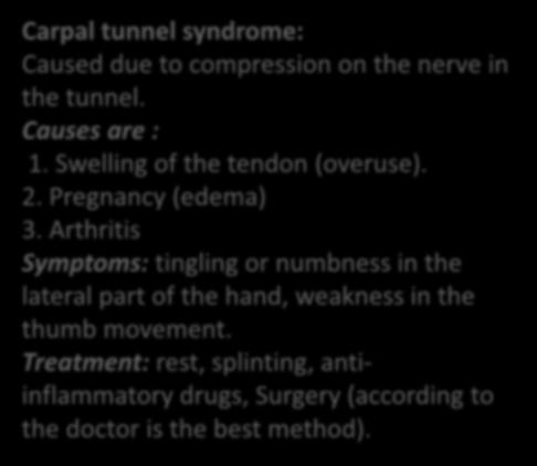 Carpel Tunnel Syndrome NEW Carpal tunnel syndrome: Caused due to compression on the nerve in the