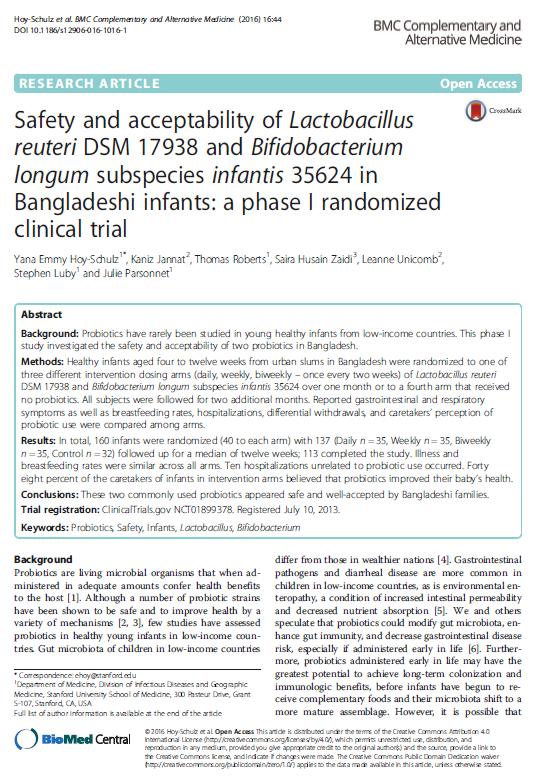 Results Stand-out studies Safety and acceptability of Lactobacillus reuteri DSM 17938 and Bifidobacterium longum subspecies infantis 35624 in Bangladeshi infants: a phase I randomized clinical trial