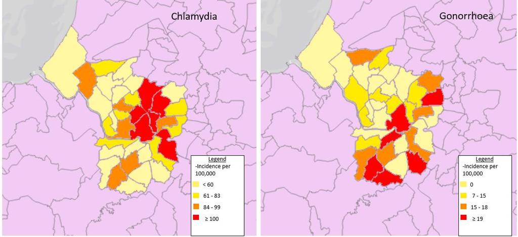 PHE microbiology geo-maps Figure provides an example geo-map based on incidence per 100,000