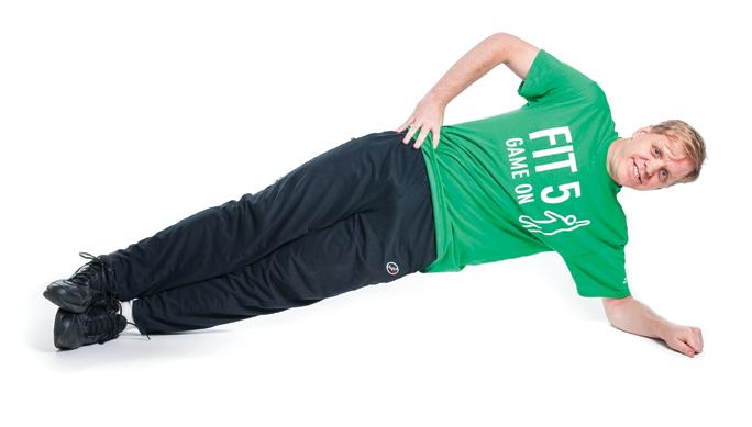Strength Side Plank 1. Lie on your side with your elbow underneath your shoulder. Put one foot on top of the other. 2. Lift your hips off the ground. Keep your body in a straight line. Look forward.