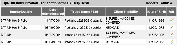 Select a vaccine from the Immunization pick list. Select a trade name/lot combination from the Trade Name/Lot number pick list. Select eligibility from the Client Eligibility pick list.