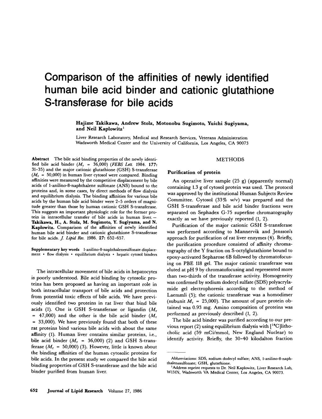 Comparison of the affinities of newly identified human bile acid binder and cationic glutathione S-transferase for bile acids Hajime Takikawa, Andrew Stolz, Motonobu Sugimoto, Yuichi Sugiyama, and