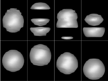 Figure 3: Example of motion artifacts from scanning a moving sphere. Top row: Artifacts of the moving sphere when scanned with a helical free breathing-ct. Bottom row: true geometry of the sphere.