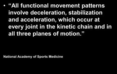 Functional Training Defined All functional movement patterns involve deceleration, stabilization and acceleration, which occur at every