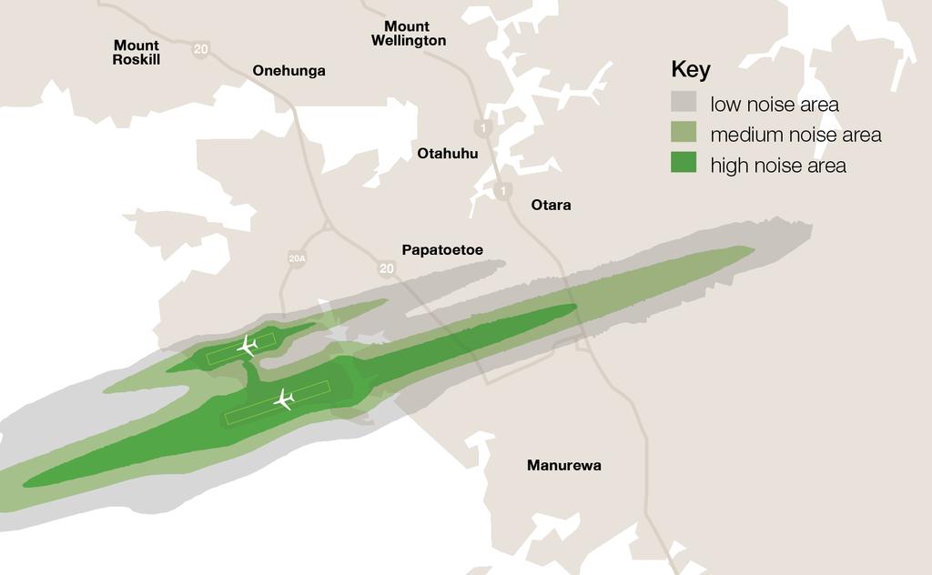 Noise exposure contours on a map Auckland, NZ N 1-Stunden-Leq von 55 db