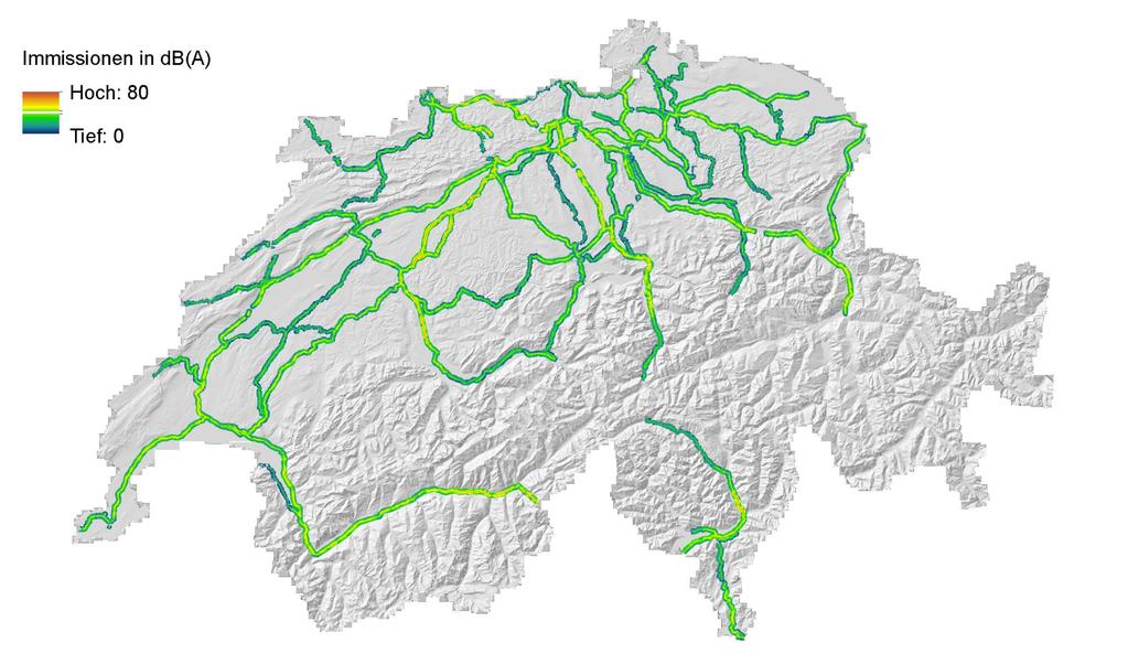 sonbase (Swiss noise mapping database) Rail traffic noise during day 80