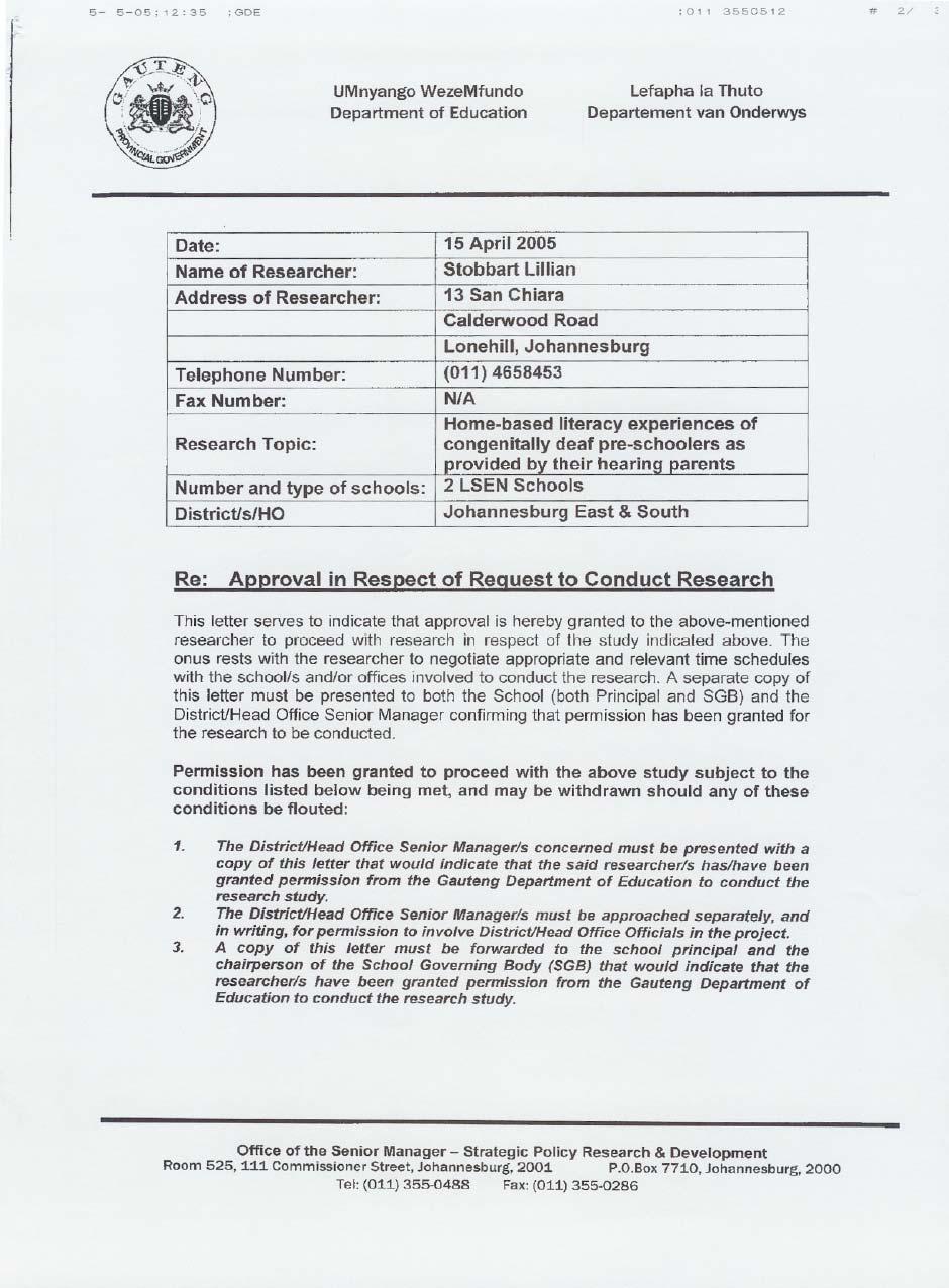 APPENDIX G LETTER OF PERMISSION TO CONDUCT