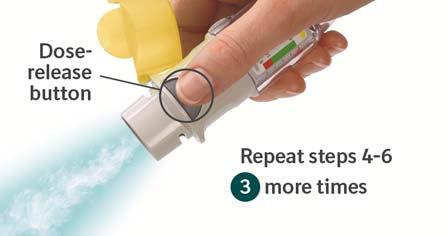 6. Press Point the inhaler toward the ground. Press the dose-release button. Close the cap.