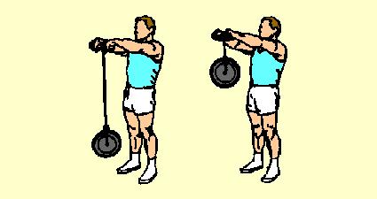 With hands 6" apart, arms straight, elbows locked, raise bar in semicircular motion until parallel to floor. Lower to starting position using same path. Can also be done with medium or wide grip.