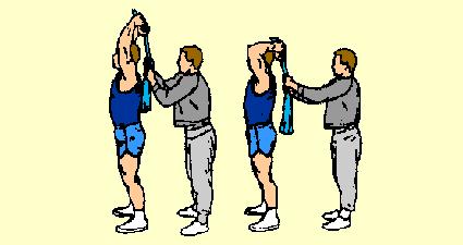Can also be done on flat or incline bench. 12) Standing Towel Triceps Curl Triceps Hold one end of towel, or rope, with both hands. Stand erect, head up, feet 16" apart.