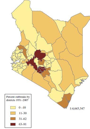 RVF in Kenya Overview During the 2006 07 outbreak: 158 people died Hundreds of thousands of animals (sheep, goats, cattle and camels) were affected 33 of 69 former administrative districts across six