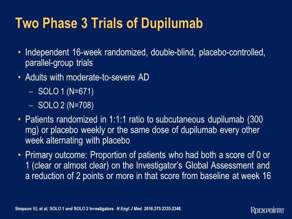 Two Phase 3 Trials of Dupilumab They did two Phase III clinical trials which were published in The New England Journal of Medicine; these were two independent trials.
