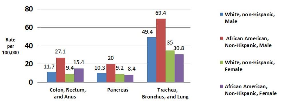 FIGURE 3 Dates Rates for Colon, Rectum, Anus, Pancreas, Trachea, Bronchus and Lung Cancer among Wake County African American, Non-Hispanic and White, Non-Hispanic Residents from 2008-2012 Source: NC