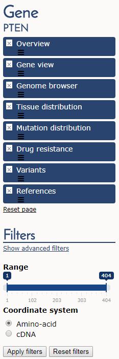 Gene Overview Page Several Items on Menu on left panel Gene view view domains within gene and where mutations reside Genome browser - view genomic context Overview general information Tissue