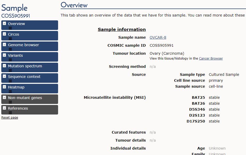 Cell Lines Data Once you select a cell line to view, sample page opens. Menu on left click on any item in menu to navigate to that item or scroll to desired information.