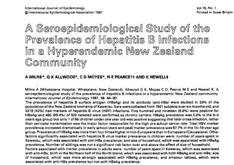 26/9/214 Kawerau cohort HRC study 1984: 572 HBsAg+ Māori children diagnosed with chronic HBV 212: 511 original cohort alive.