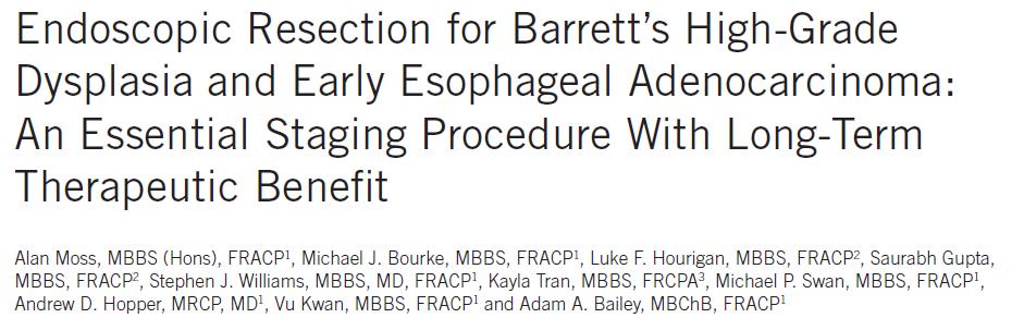 75 patients with HGD or early esophageal CA underwent EMR EMR histology resulted in altered staging in 48% Technical success rate: