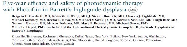 208 patients with high-grade dysplasia PDT and omeprazole (138) Omeprazole only (70) Max 3 treatments 90 days apart HGD elimination (77%