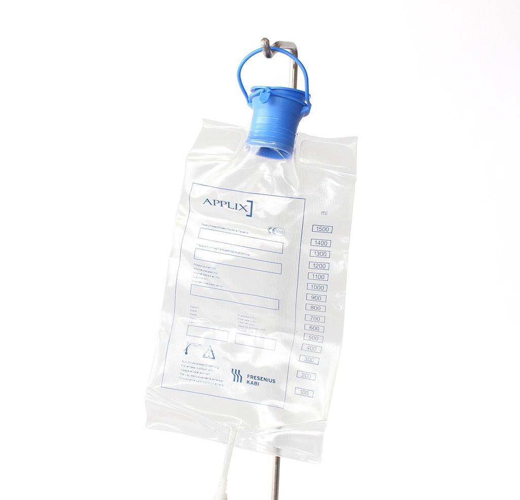 connector, at the back of the catheterisation unit) Open the cap on the top of the fluid bag