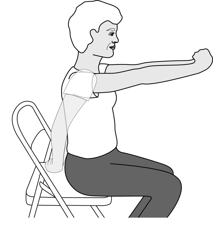 Chest and Upper Back Stretch In a seated position with good posture and shoulders back and down away from the ears, extend your arms out in front of you at shoulder height.
