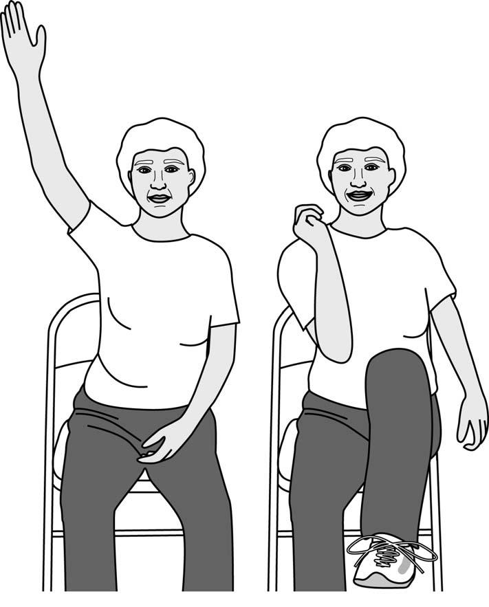 Elbow to Knee Seated toward the edge of a chair with good posture and knees bent, start with your right arm extended up overhead.