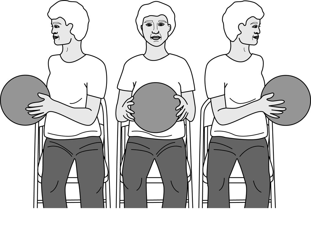 Tummy Twists Seated in a chair with good posture, hold a ball with both hands close to the body, with elbows bent and pulled in close to the ribcage.