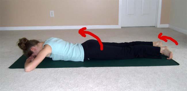 3. Windshield Wipers Starting position Lie down on your stomach (prone position) with your hands under your forehead and your toes curled up (imagine that there is a wall behind you and you are