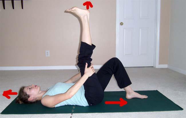 9. Hamstring Stretch Starting position Finish One leg Lifts (see previous exercise) by bringing your leg up towards the ceiling. Movement Hold on under your thigh or behind your calf.