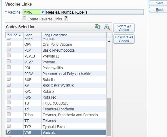 the same entry date. Check boxes next to vaccine codes typically given on the same date to link.