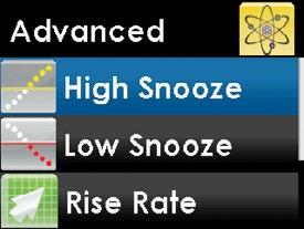 9 1. Press the UP or DOWN button to highlight High Snooze or Low Snooze and press the SELECT button. 2.