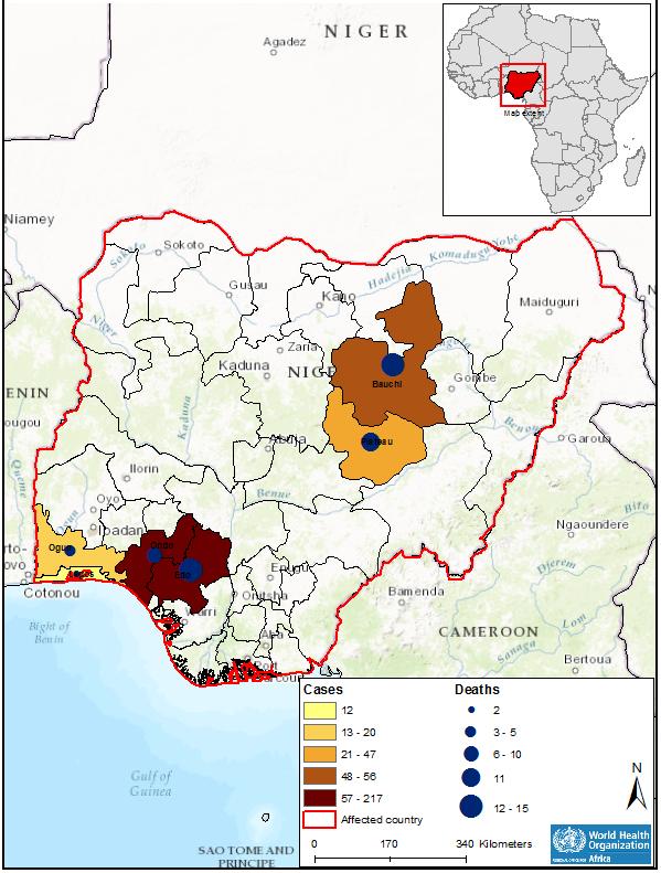 During week 32 (week ending 13 August 2017), 10 new confirmed cases were reported from five states, namely Lagos (4), Edo (2), Plateau (2), Ondo (1), and Ogun (1).