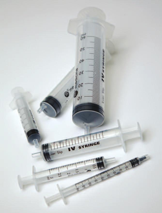 The Luer slip syringe is available in a range of barrel sizes: 1ml 3ml 5ml 10ml 20ml 30ml 60ml Sizes 10ml through to and including 60ml have an eccentric tip.