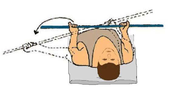 5/a) Lie down on your back, holding a rod or pole with both hands, palms facing upwards.